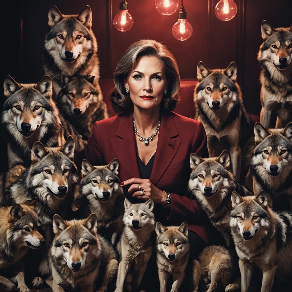 Glamorous Secretary with Wolves: Fashion Editorial Portrait