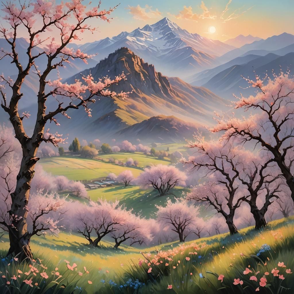 Impressionistic Mountain Landscape with Peach Trees