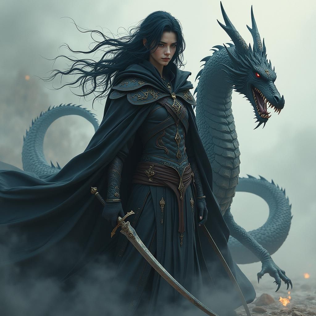 Fantasy Villain with Dragon in Watercolor Style