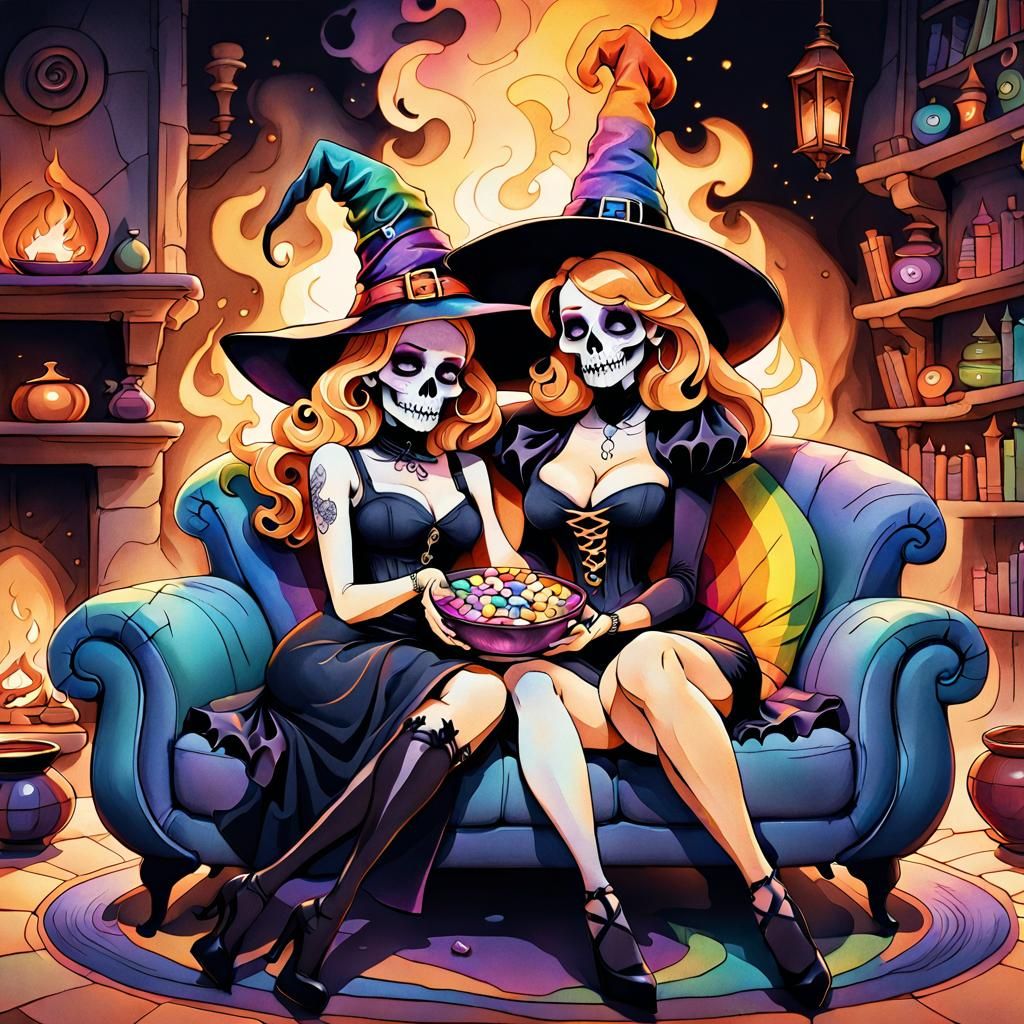 Cozy Witches: A Whimsical Ink Illustration