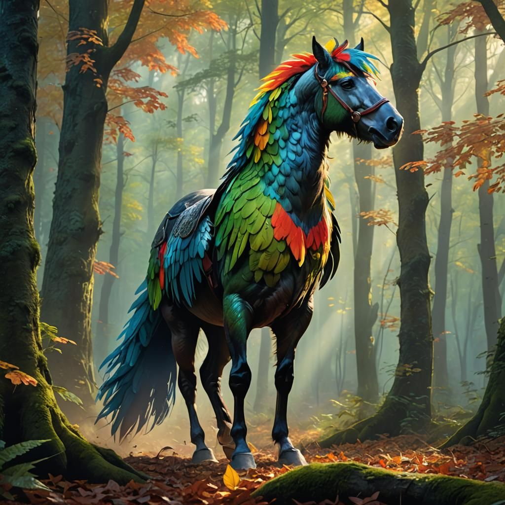 Half-Horse, Half-Parrot Creature in Misty Forest