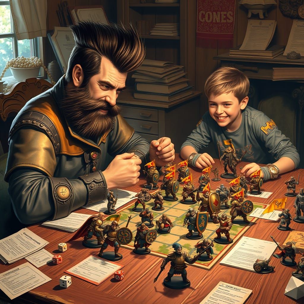 Father and Son Engage in Whimsical Fantasy Miniature Battle