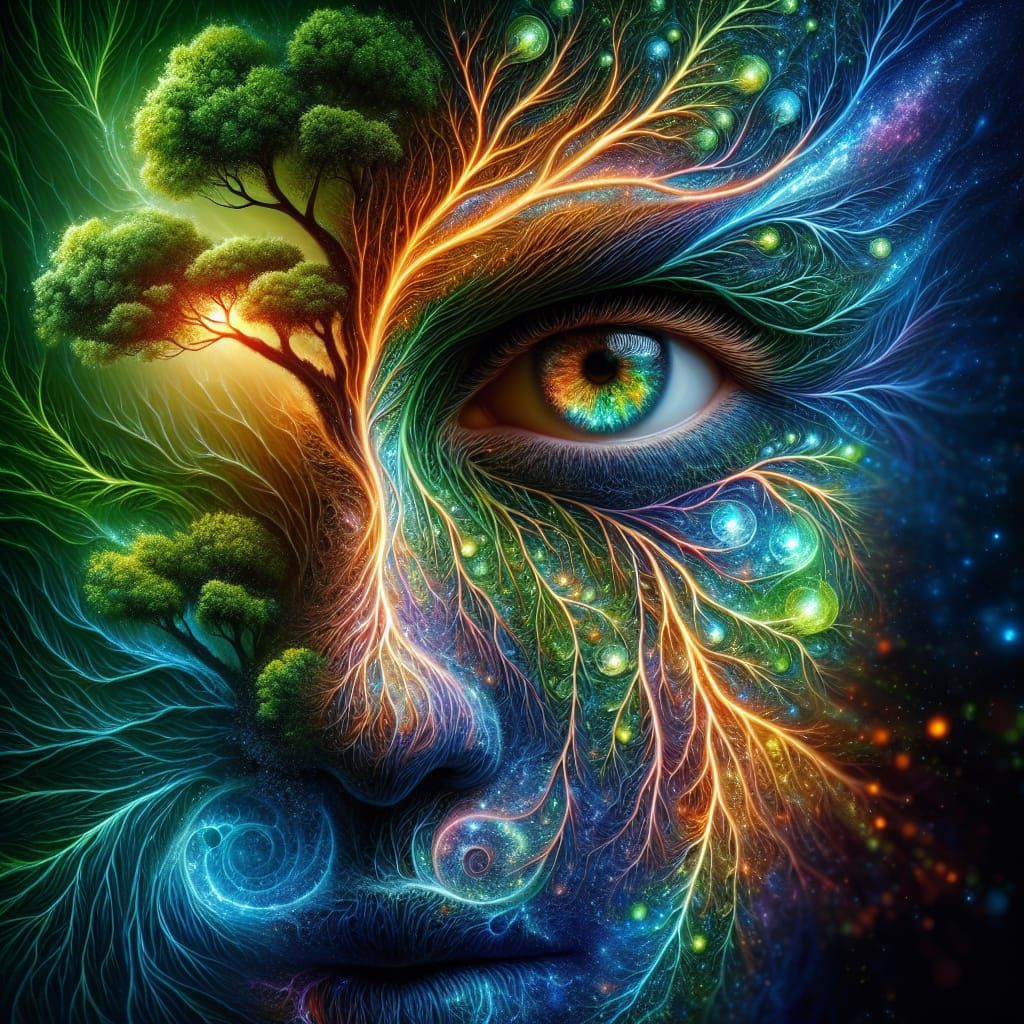 Human Form Blends with Nature in Vibrant, Cosmic Fusion