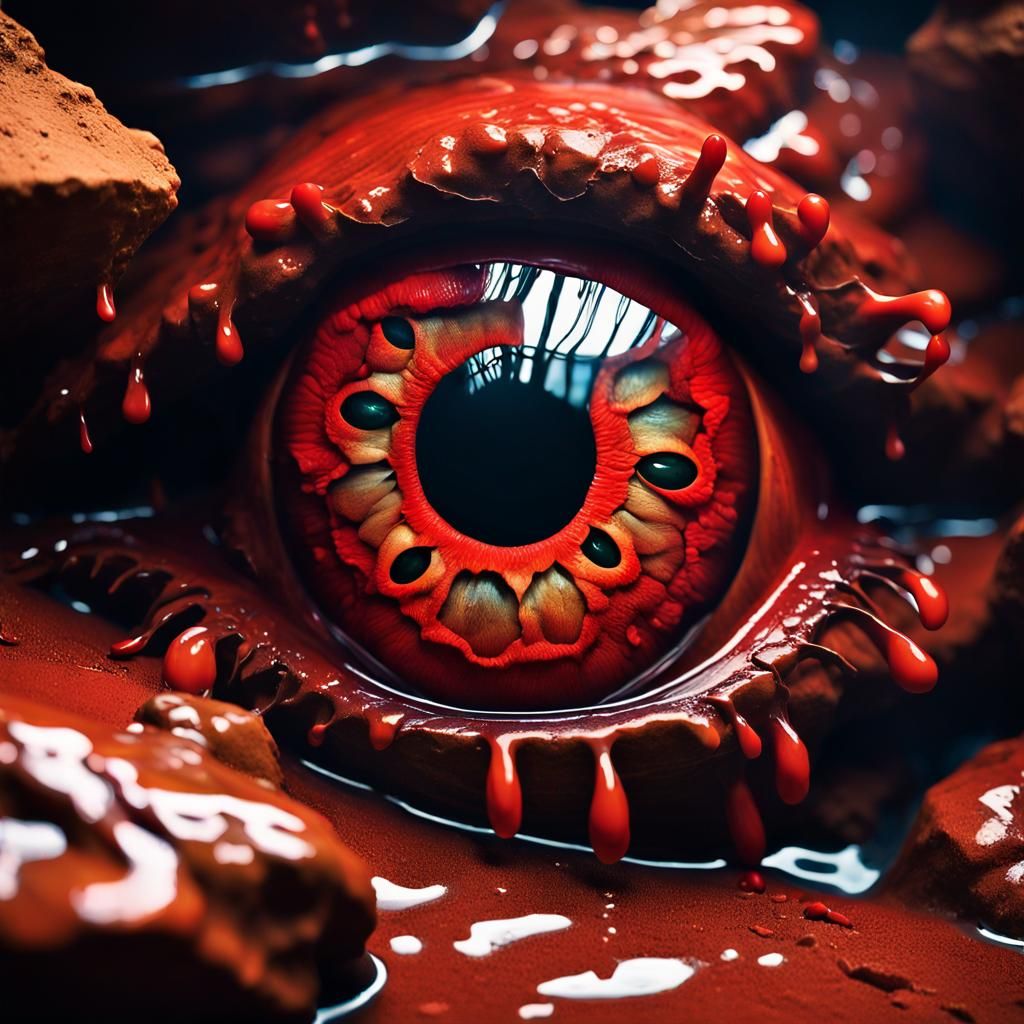 Surreal Red Giant Eye Reflecting Chaotic Landscape