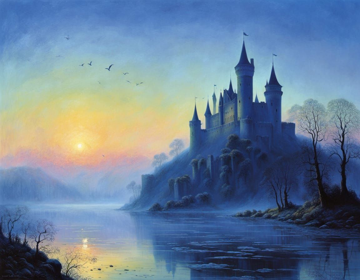 Castle Ruin Shrouded in Icy Morning Mist in Shimmering Dawn