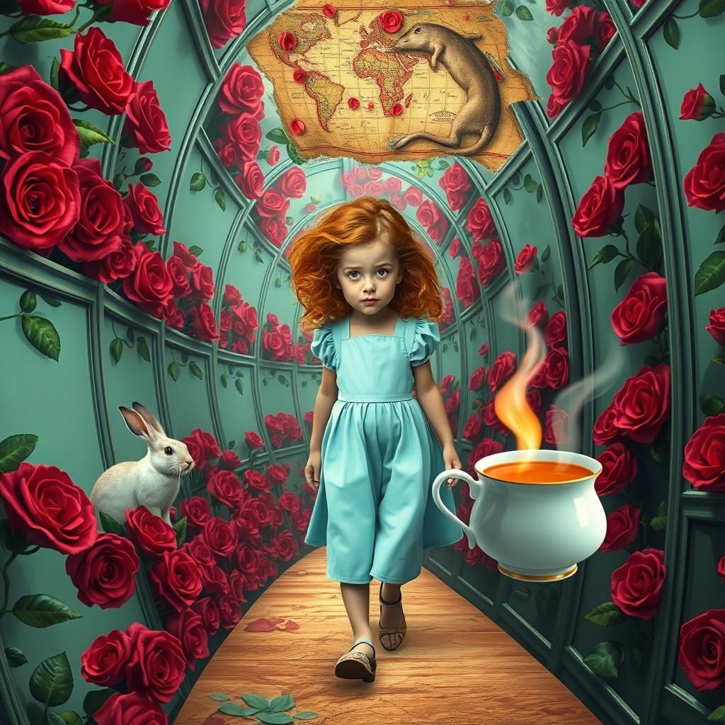 Dreamlike Corridor with Red Roses and Floating Tea