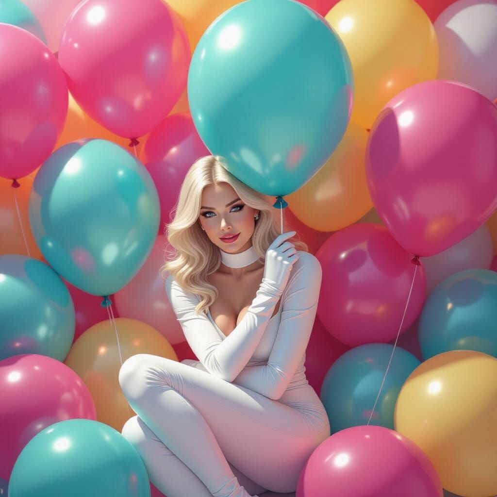 Emma Frost Cuddling Balloons in Comic Book Style