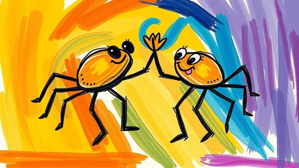 Whimsical Crayon Pop Art Spiders Dance