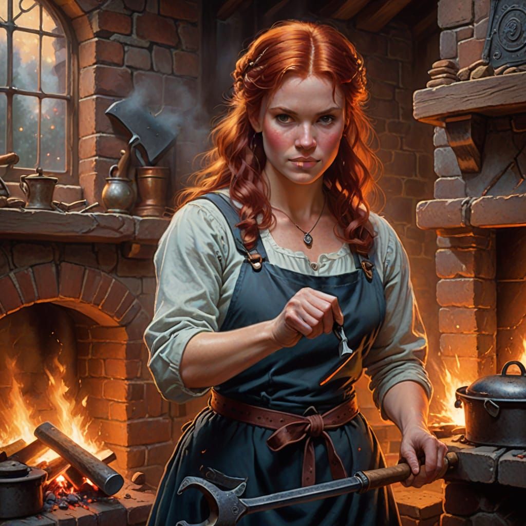 Red Haired Blacksmith Forging in Ethereal Fantasy Mist