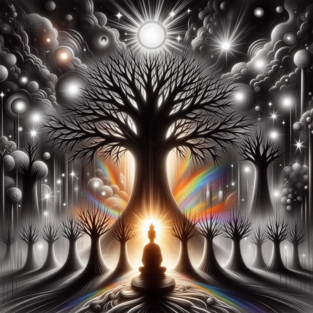 Sacred Forest with Ancient Tree and Meditating Monks