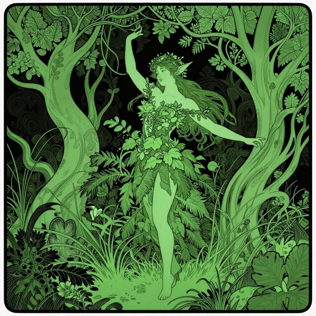 Art Nouveau Elf Dancing in Verdant Glade