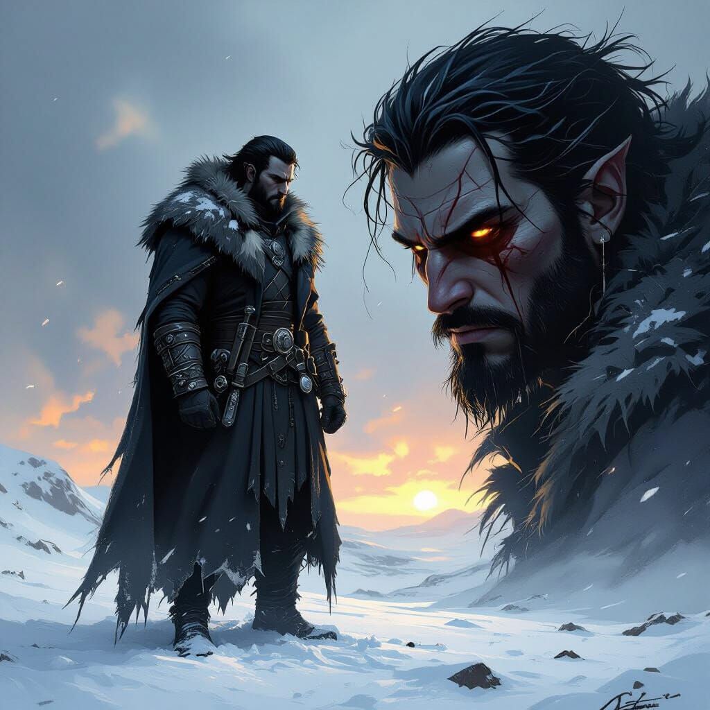 Brooding Wolf-Man in Snowy Landscape