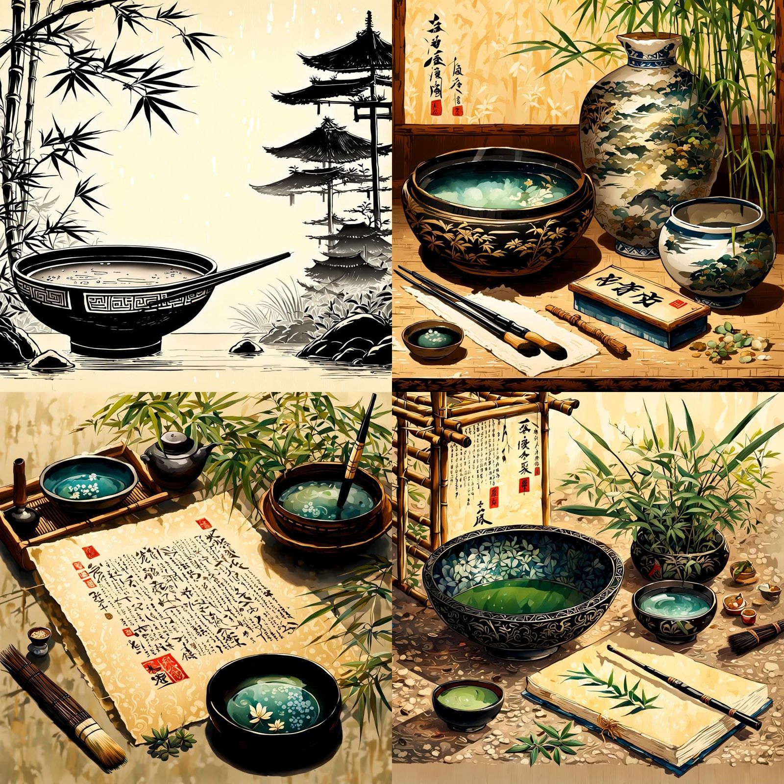 Serene Japanese Calligraphy with Bamboo, Watercolor Style
