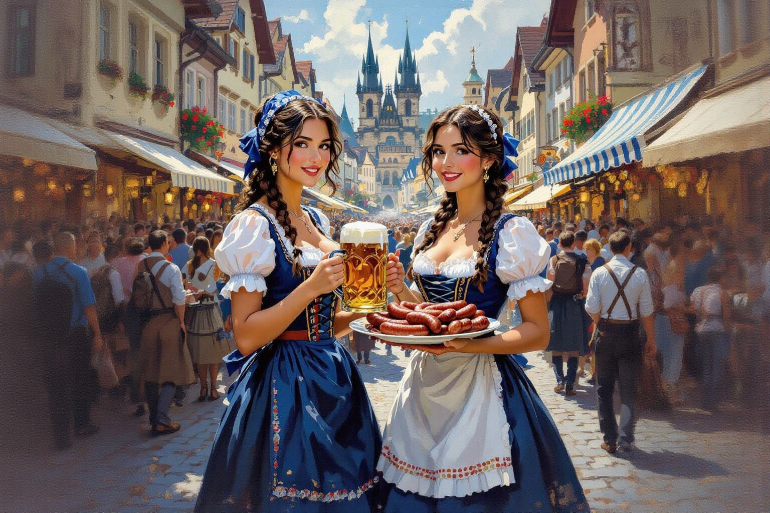 Oktoberfest Celebration with Beer Maids as Oil Painting