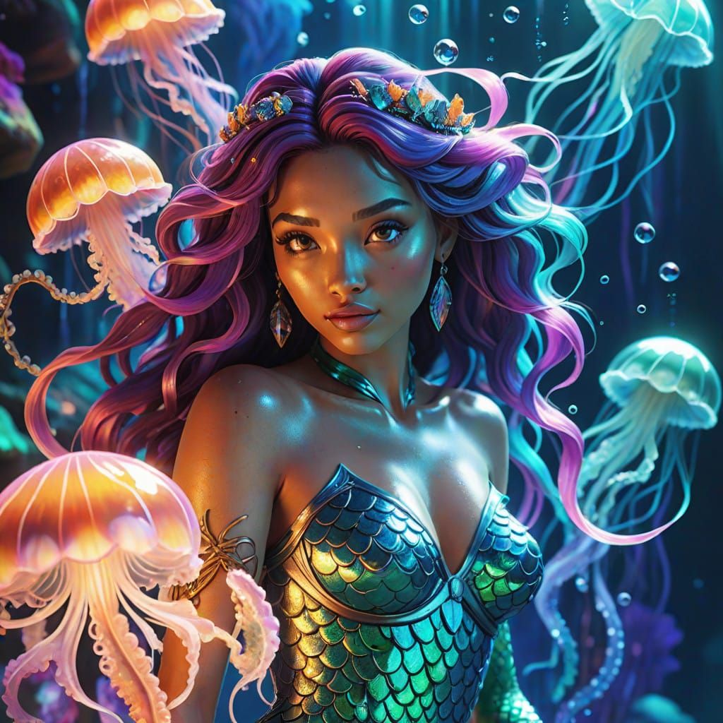 Glowing Mermaid Goddess in Vibrant Oceanic Dreamscape