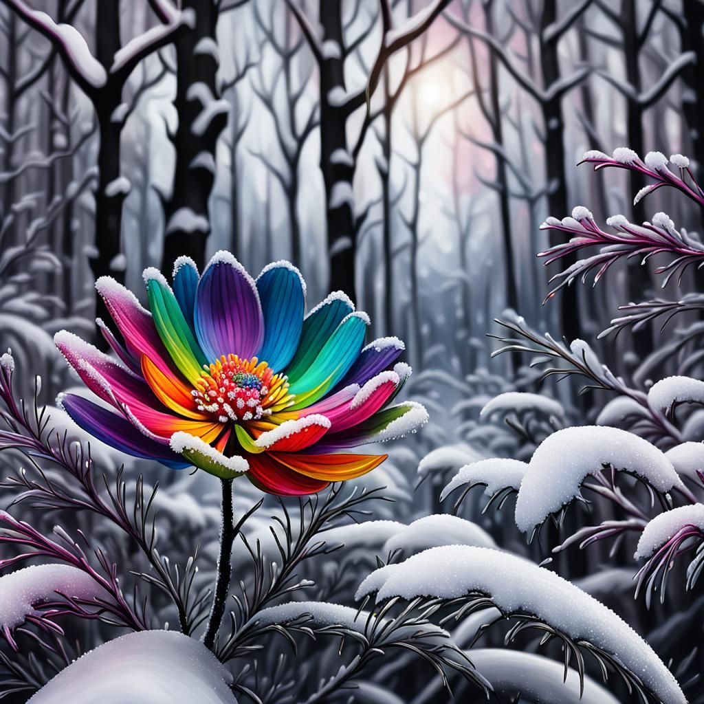 Rainbow Flower in Winter Forest: Impasto Painting