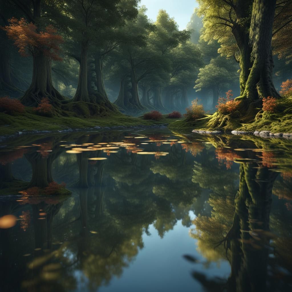 Maple Forest Reflection in Water: Fantasy Concept Art