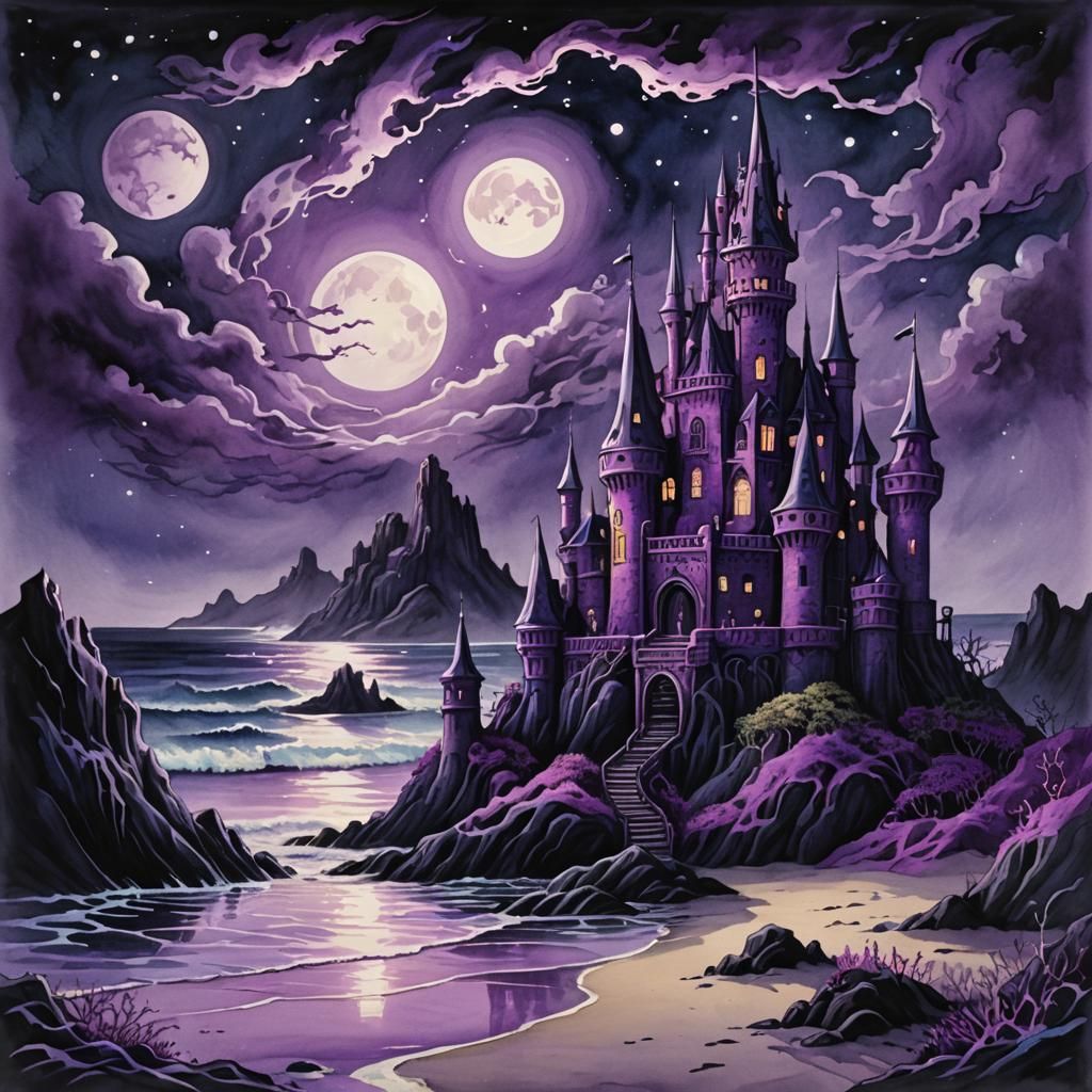 Glowing Purple Sand Castle in Art Nouveau Style