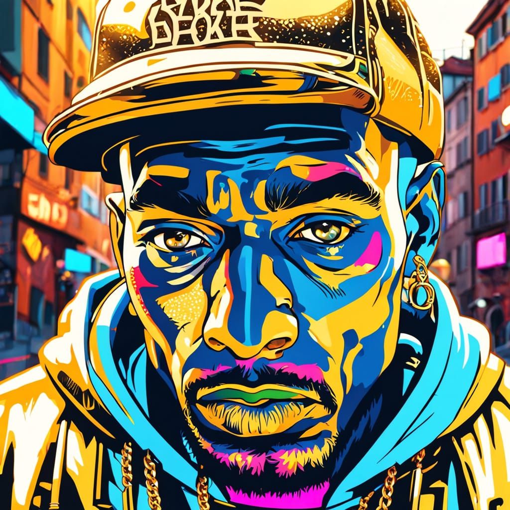 Italian Hip Hop Icon in Vibrant Street Art Style