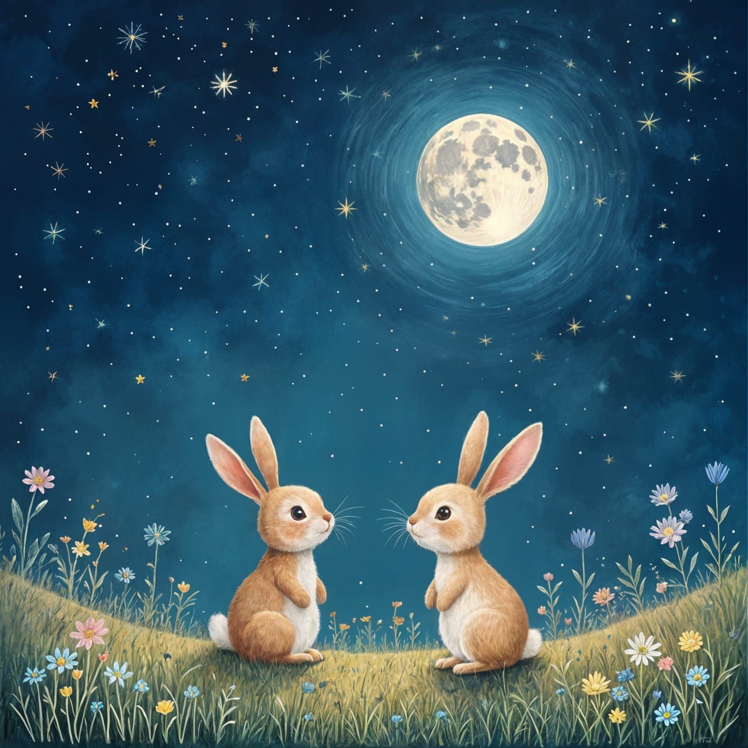 Two Bunnies Gaze at Starry Folk Art Moonscape