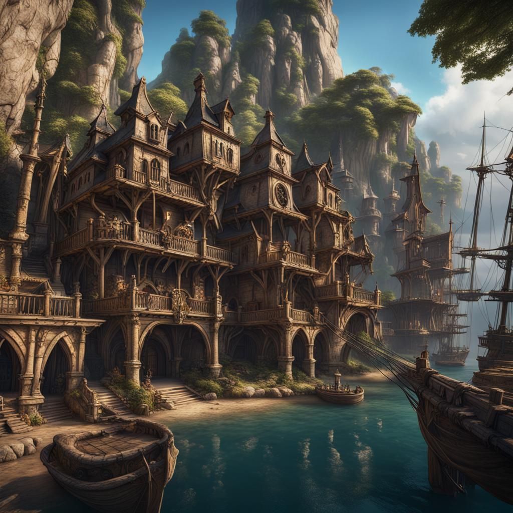 Fantastical Ancient Pirate City in Detailed Matte Painting