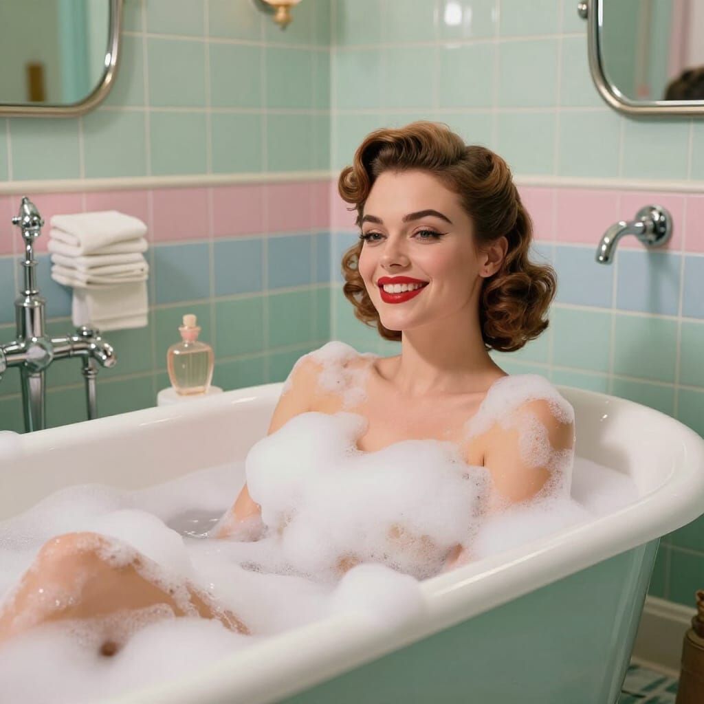 1950s Pin-Up Woman Relaxing in Vintage Bathtub