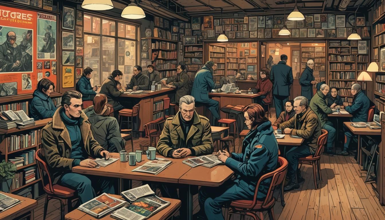 Cyberpunk Cafe Scene with Soviet-Era Magazines