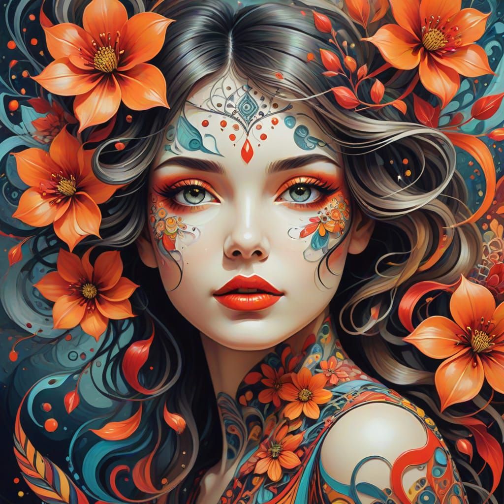 Surreal Abstract Woman Amidst Vibrant Fantasy Flowers