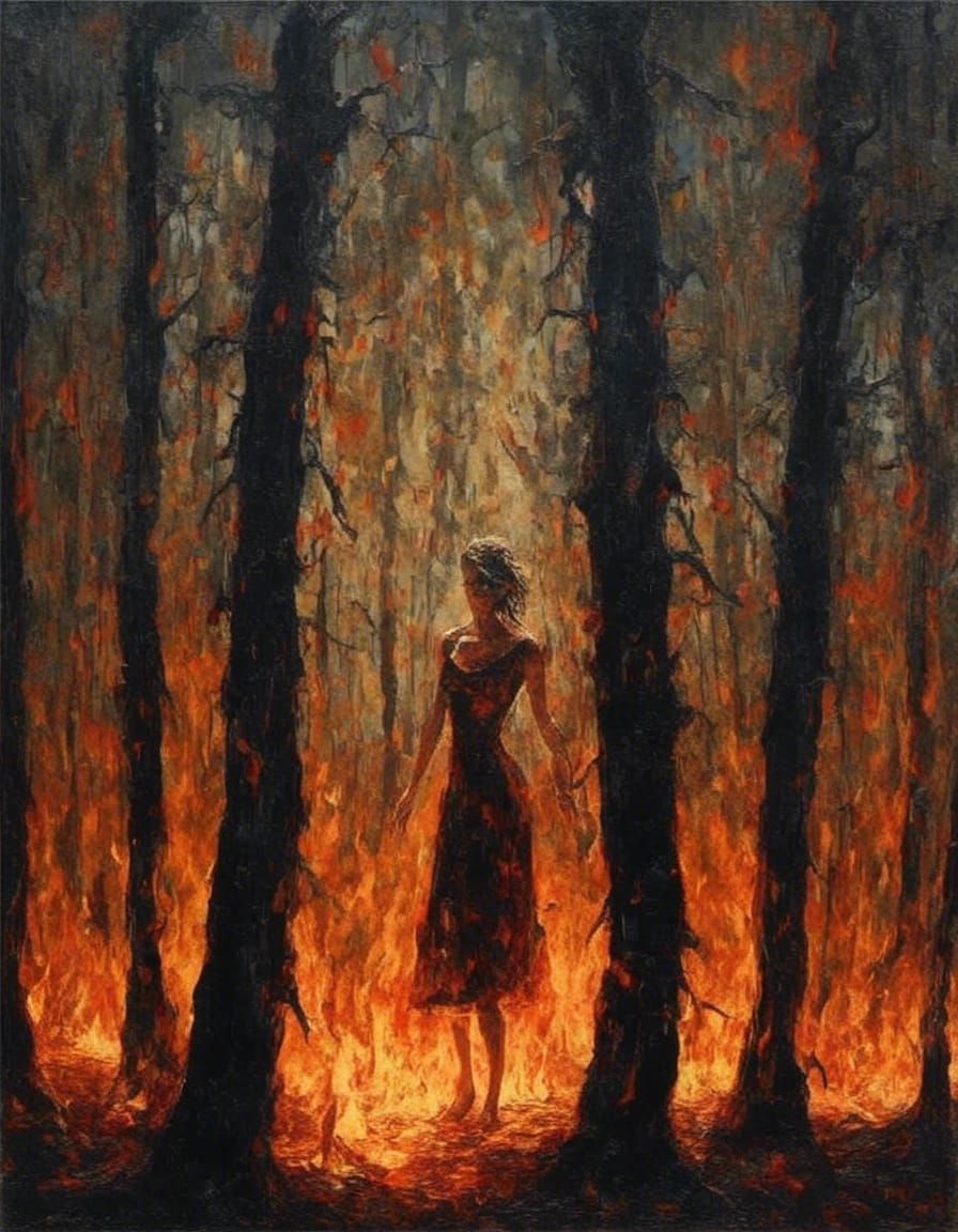 Surrealist Woman Enveloped in Flames Amidst a Mystical Fores...
