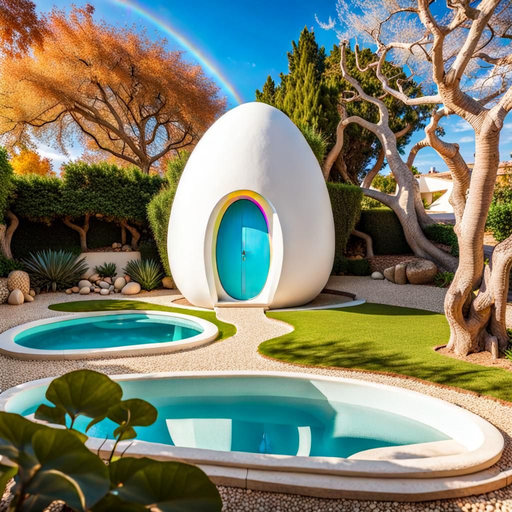 Gaudi-Style Egg House with Rainbow Pebble Garden
