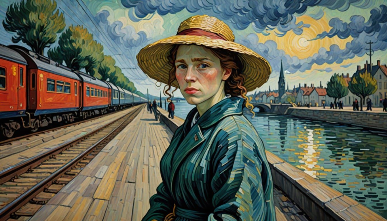 Young Woman on Train Platform in Van Gogh Style