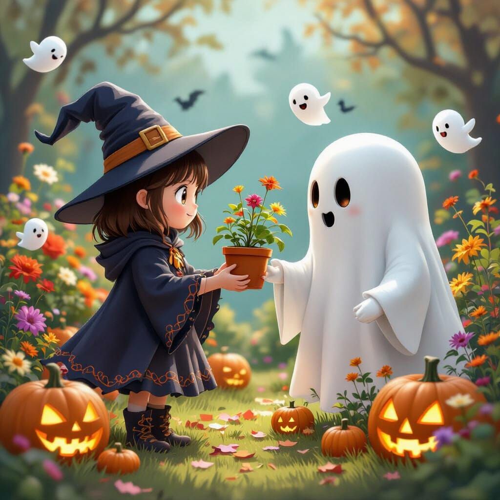 Whimsical Plant Exchange Between Witch and Ghost