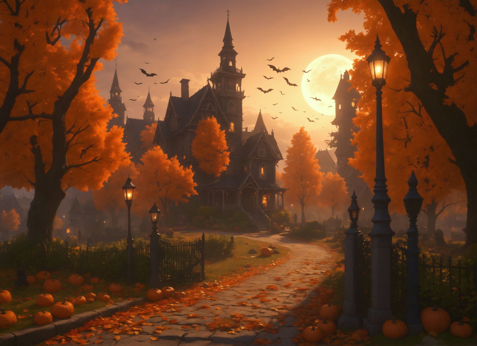 Halloween Town in Autumn: Detailed Matte Painting