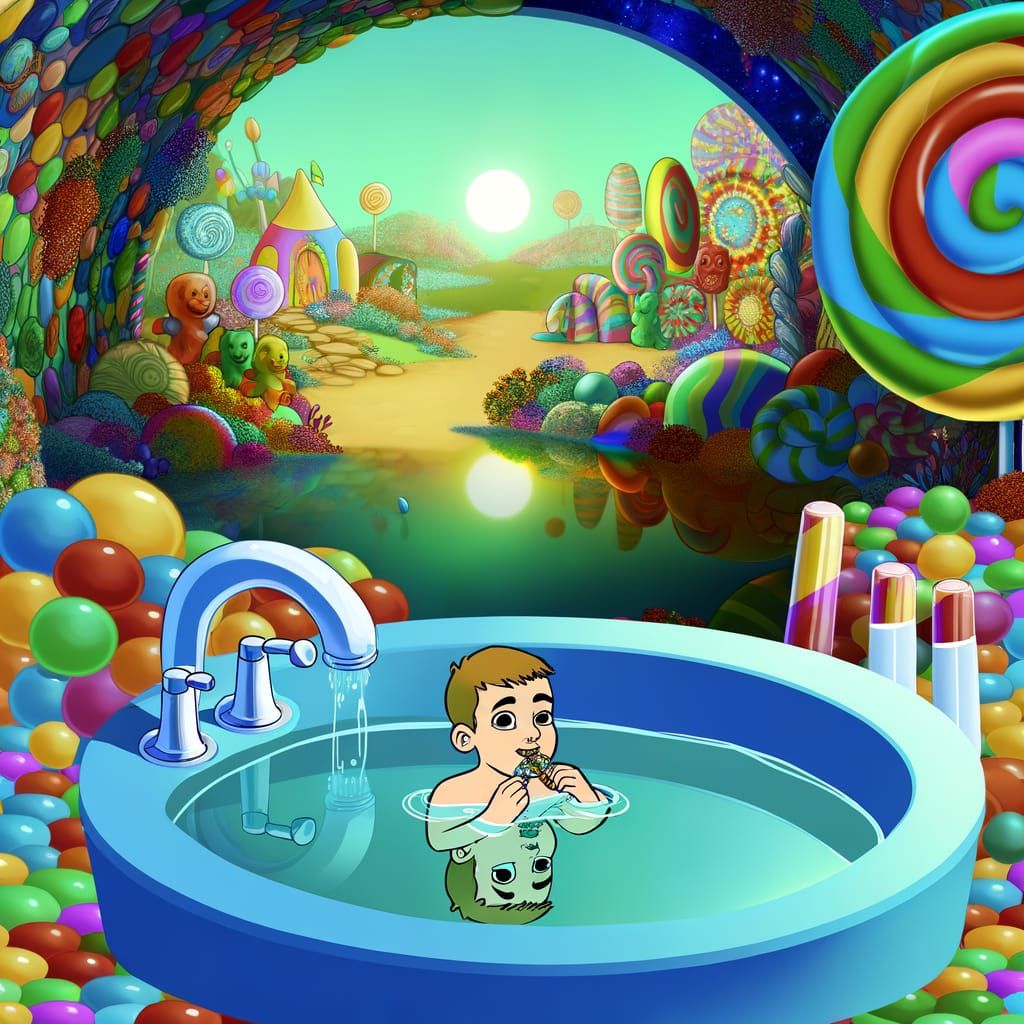 Boy Bathing in Candyland, Cartoon Style