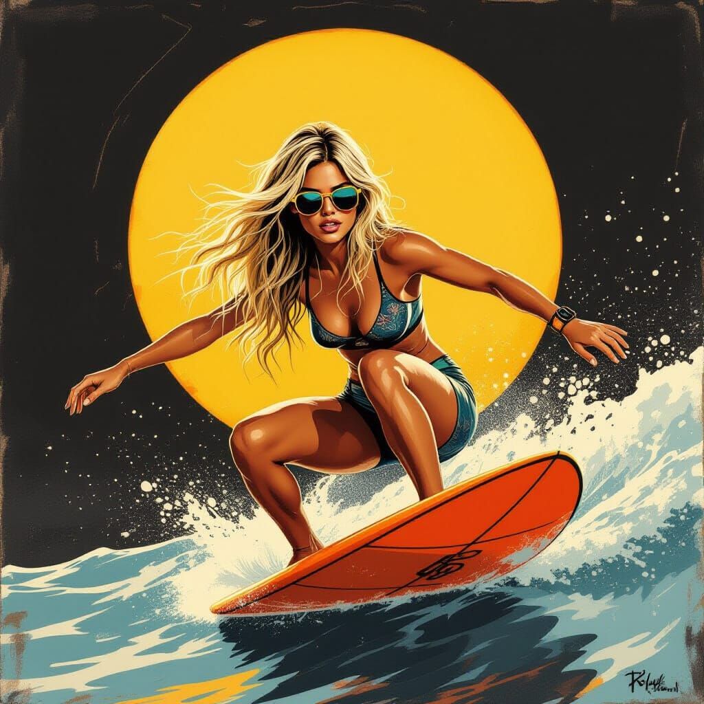 Punk Surfer Girl in Dynamic Pose Charcoal Drawing