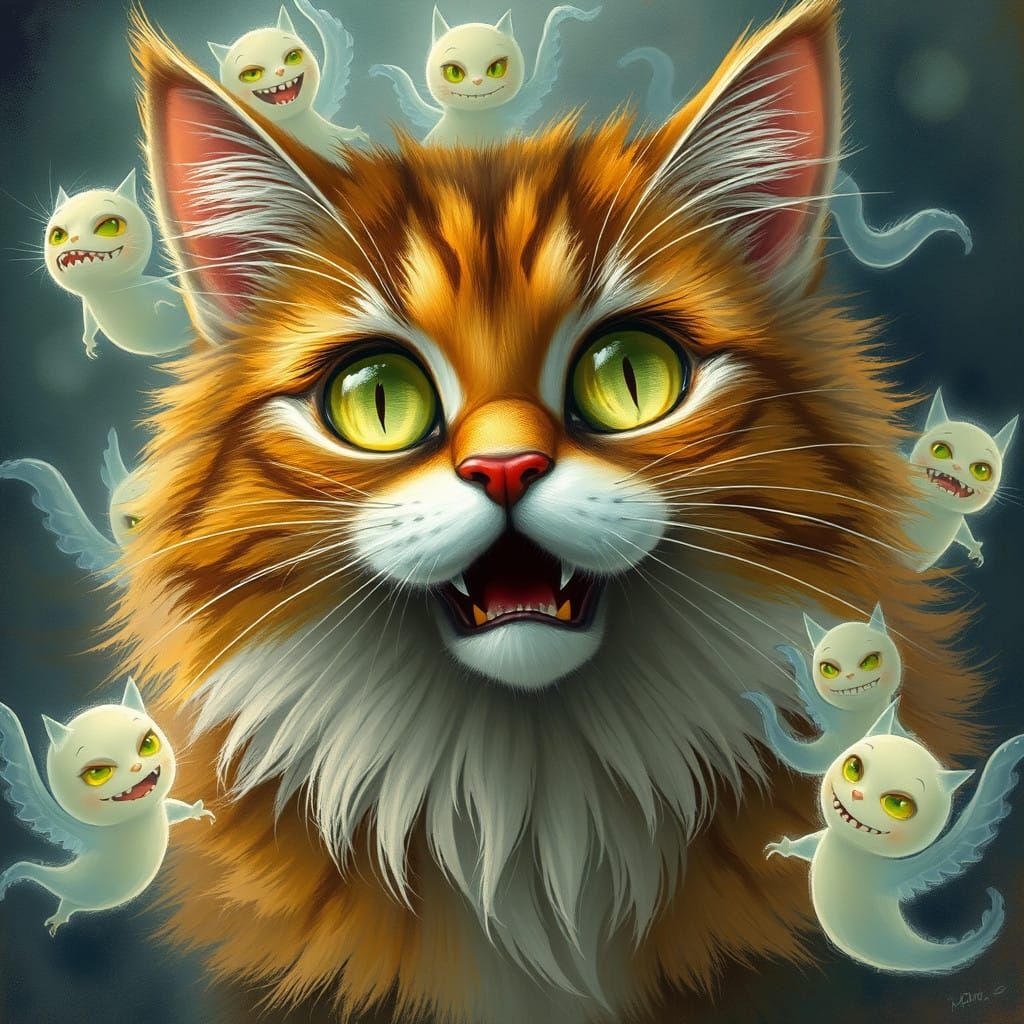 Whimsical Cat Encounters Eerie Ghostly Apparitions
