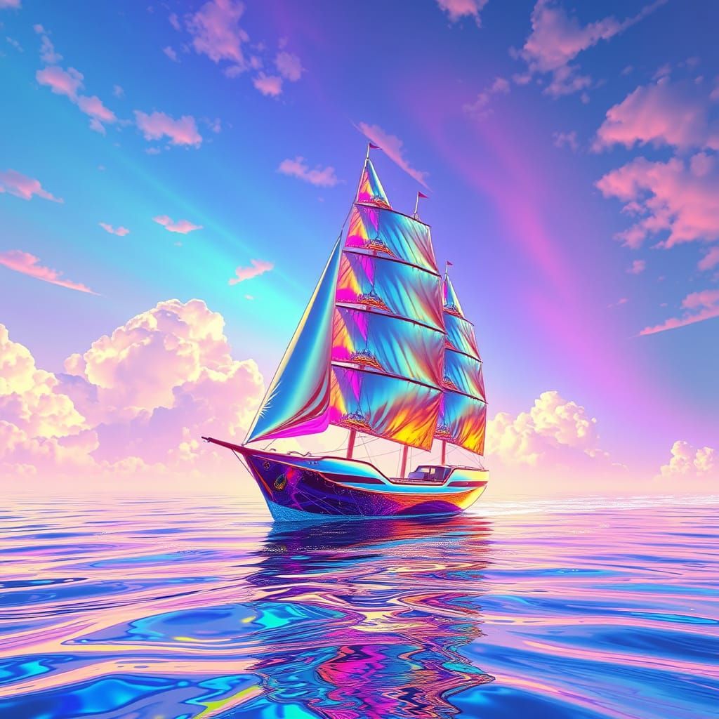 Futuristic Sailing Ship on Chrome Sea: Digital Art