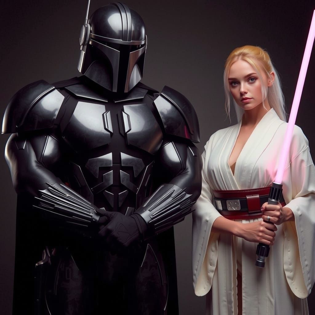 Muscular Mandalorian Warrior Stands Beside Blond Jedi Knight