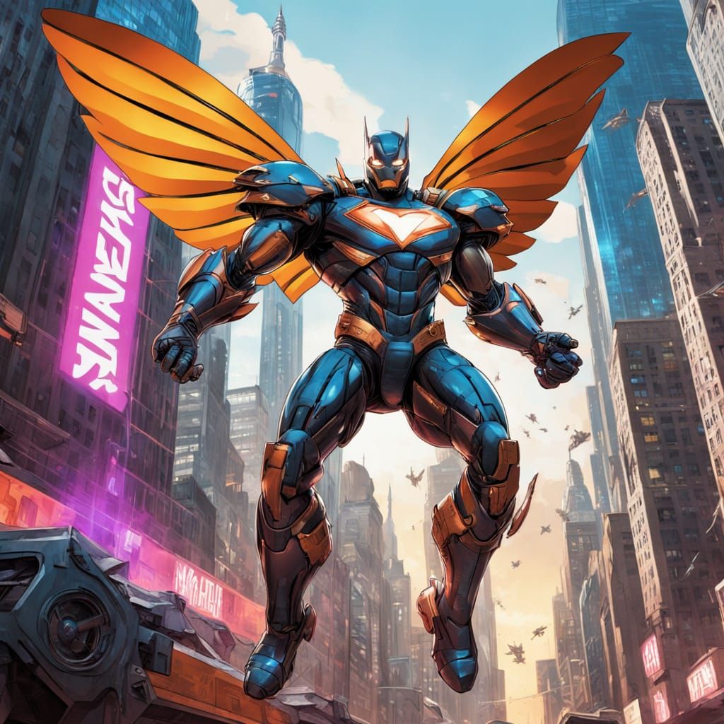 Superhero Battles Robot in Futuristic City: Comic Book Art