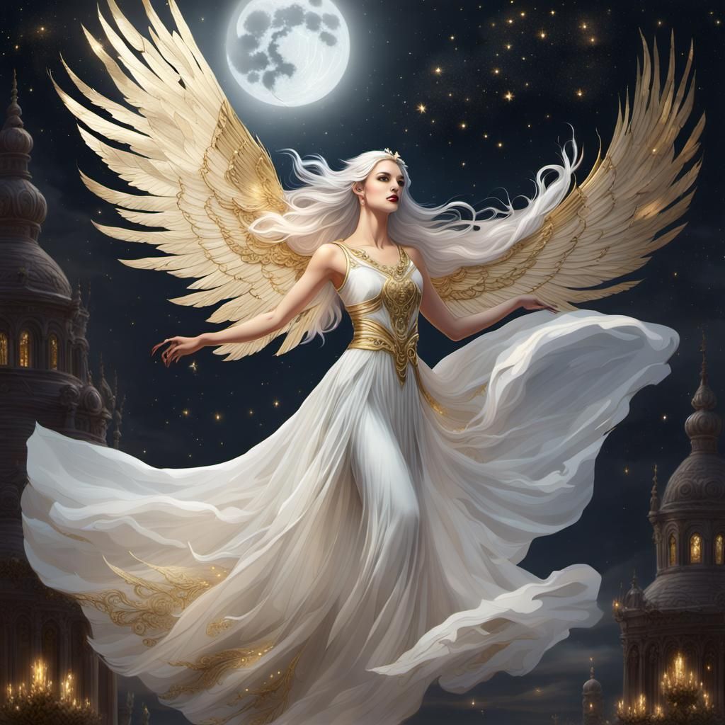 (tall young goddess with large gold wings)