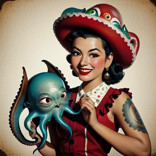 Vintage Mexican Pin-Up with a Squid