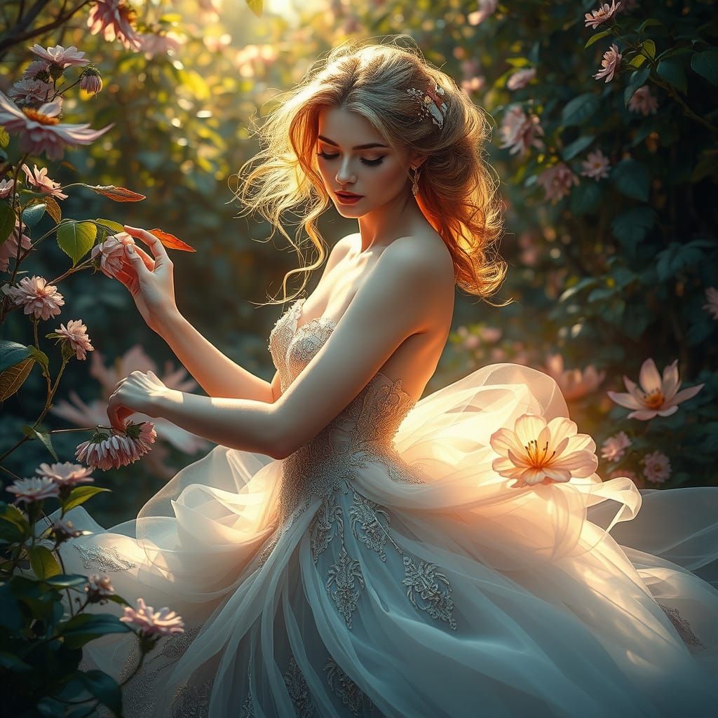 Elegant Woman Plays with Elements in Hyperrealistic Style
