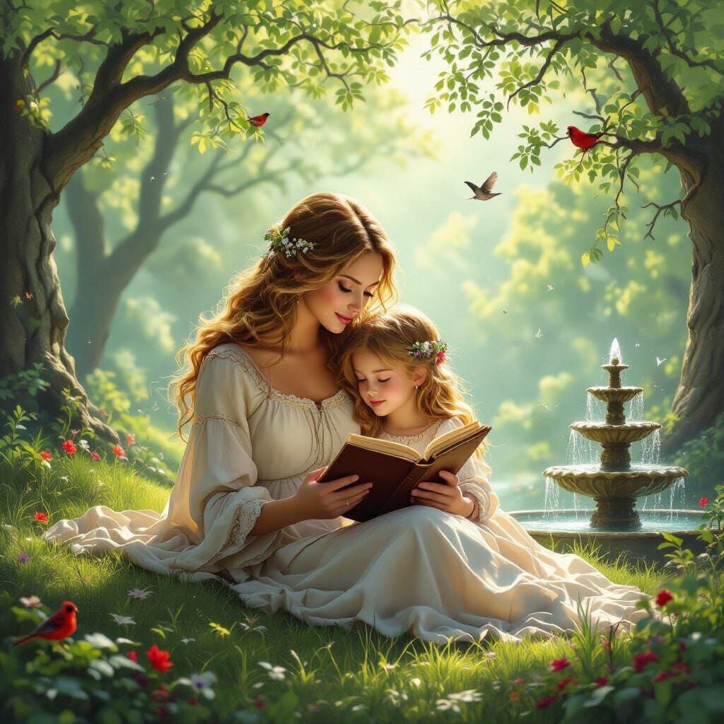 Ethereal Mother and Daughter in Enchanted Forest
