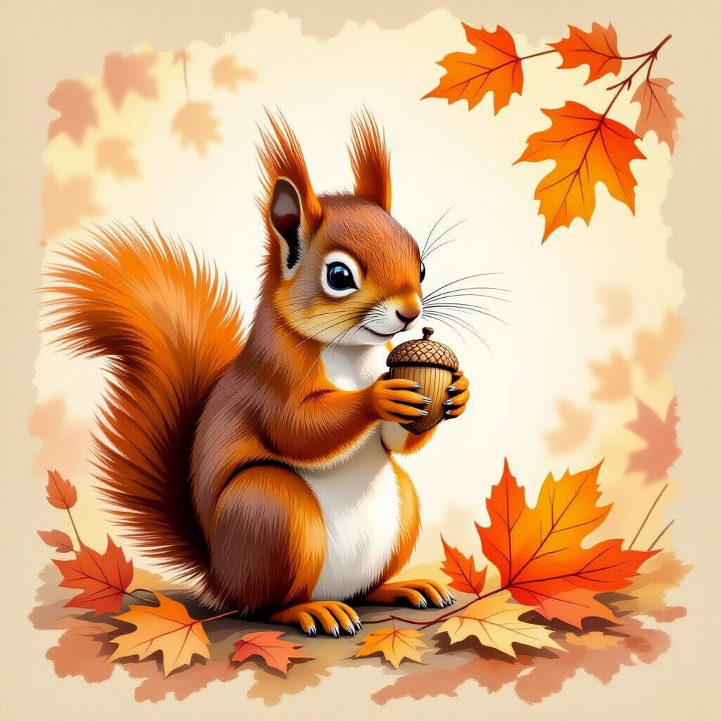 Red Squirrel Guarding Acorn in Autumn Leaves