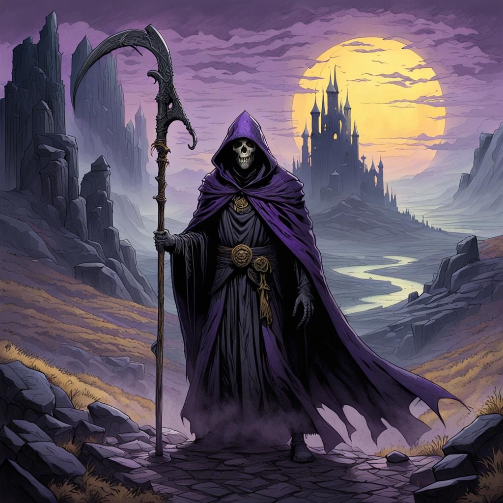 Grim Reaper in Misty Landscape, Dark Fantasy Art