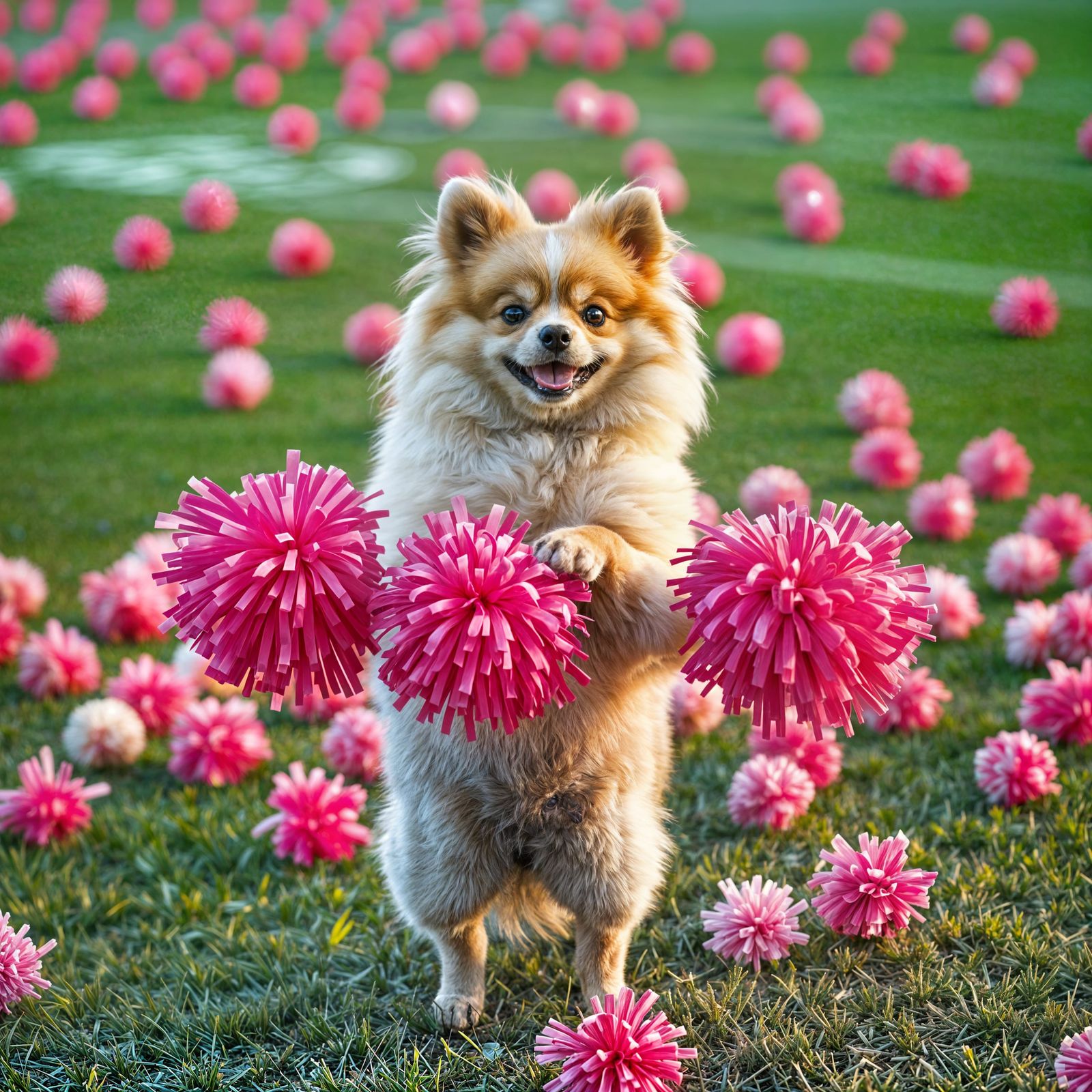 Pomeranian Cheerleader in Hyperrealistic Barbiecore Style