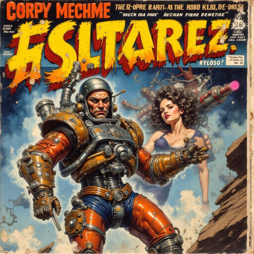 1940s Pulp Sci-Fi Magazine Cover with Mecha and Robo-Squid