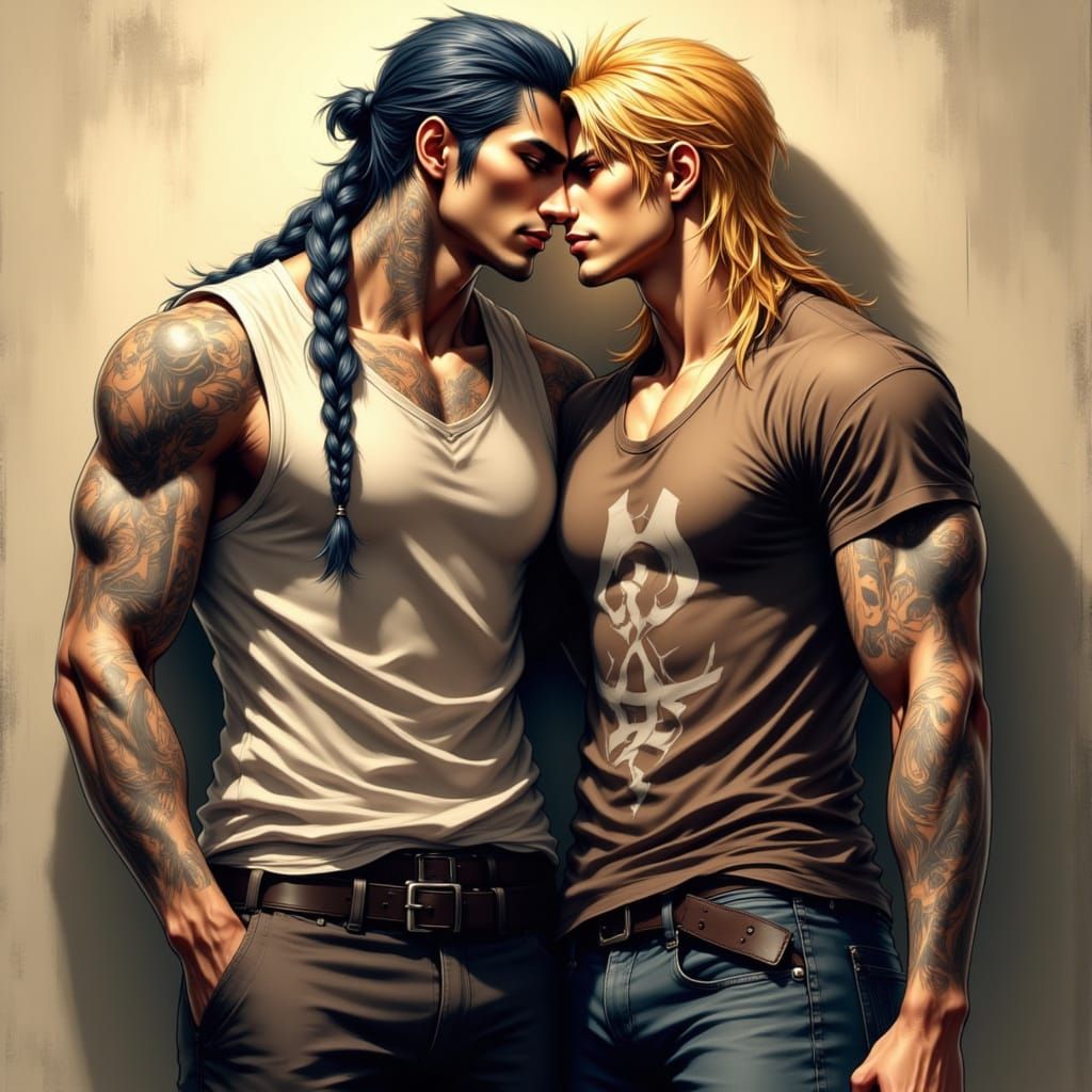 Two Muscular Men Kissing Against Wall in Anime Style