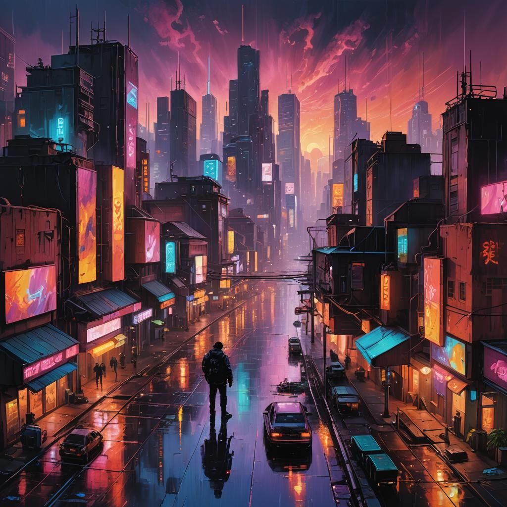 Cyberpunk Painter Creates Cityscape at Dusk as Oil Painting