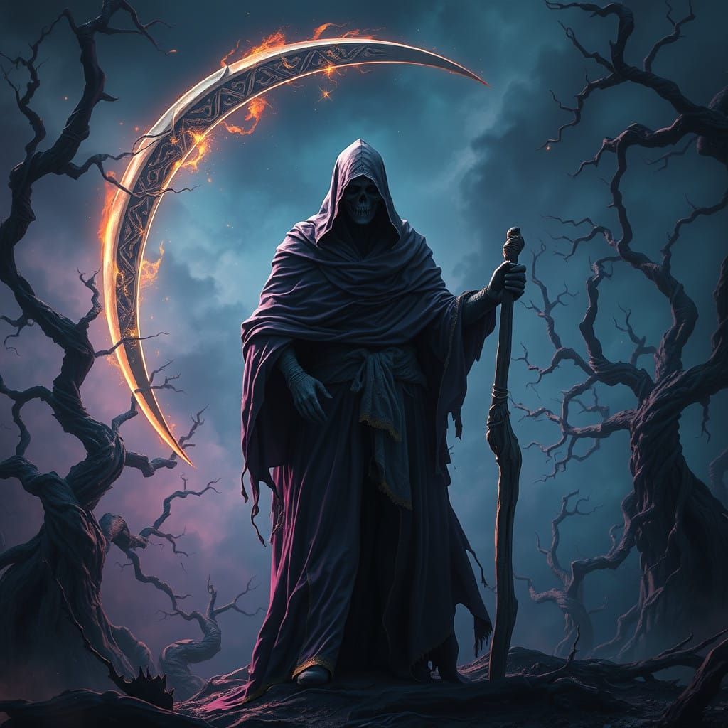 Mysterious Thanatos God Amidst Eerie Landscape